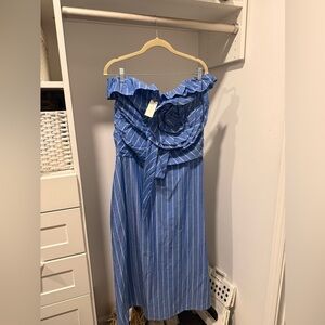 Blue Stripe Off Shoulder Rosette Midi Dress NWT Size Large